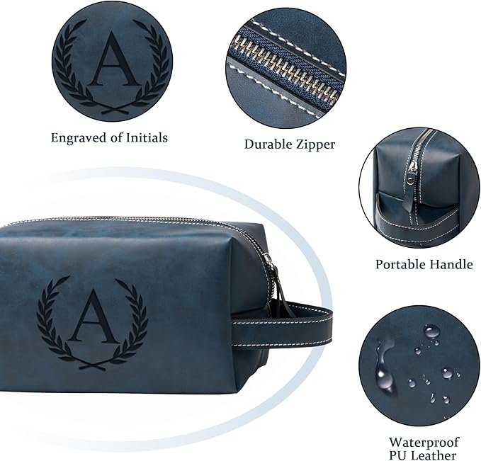 Personalized Gifts Travel Toiletry Bag for Men Engraved Initial PU Leather Waterproof Shaving Bag for Toiletries Accessories Fathers Day Birthday Gift for Men Dad Husband Son, Dark Blue B
