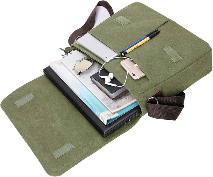 Vintage Canvas Satchel Messenger Bag for Men Women,Travel Shoulder bag 13.5" Laptop Bags Bookbag (Army green)