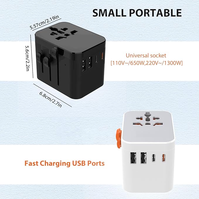 Worldwide Travel Adapter, 5 in 1 Plug Fast Charging Universal Power Adapter with 4 USB Ports (2X Type C and 2X Type A), Universal All in One Wall Charger for US EU UK AU, Fuse Protection - Black