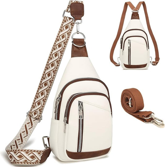Sling Bag Crossbody Backpack - 2 in 1 Leather Cross Body Bag Fanny Pack with 2 Removable Straps