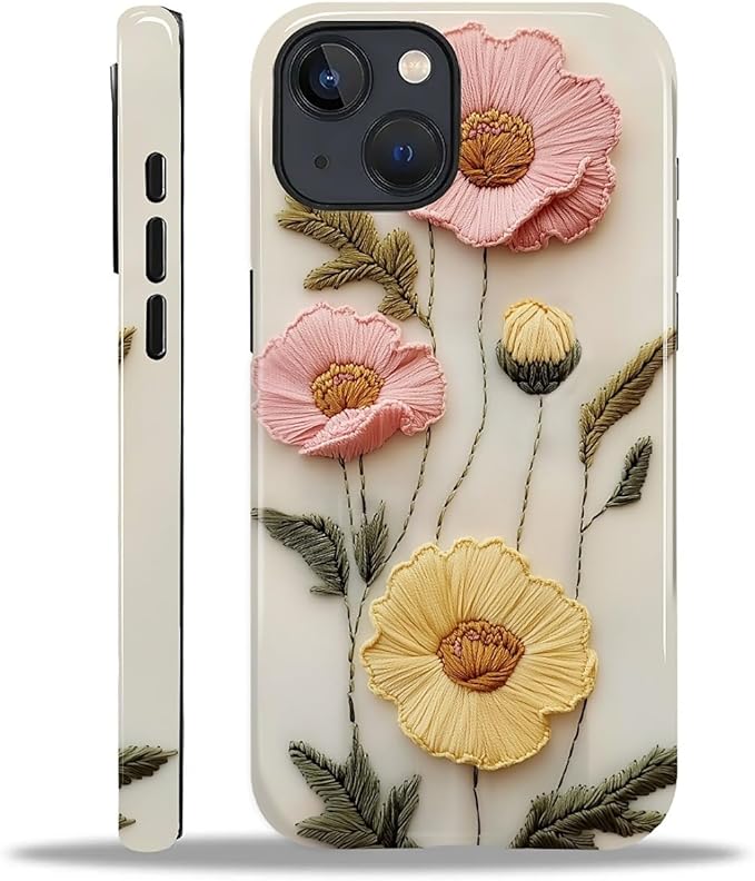 Case for iPhone 13 iPhone 14 Case,Faux Embroidery Boho Floral Design - Hybrid Dual Protection Silicone + Hard PC Shockproof Full Body Cover Slim Anti-Scratch Protective Case for Men Women