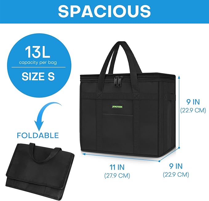 JUNGYOON S Insulated Grocery Bags and Cooler Bag for Food Delivery Bag, Collapsible Cooler, Reusable Shopping Bags for Groceries with Zipper Top, Heavy Duty, Stands Upright(Black)
