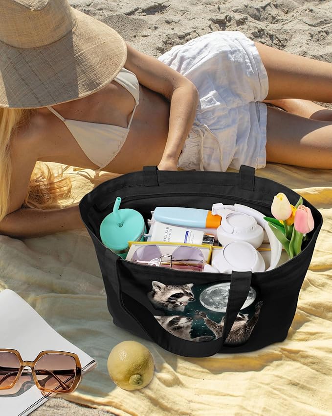 Large Tote Bag for Women - Canvas Tote Bag with Zipper Aesthetic Reusable Shoulder Bag for Gym, Travel, Work