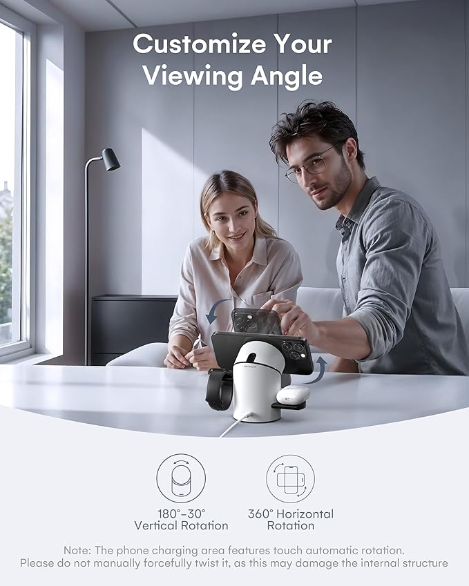 ZEEHOO 3 in 1 Charging Station for Apple Devices, Mag-Safe Charger Stand, Qi2 15W Auto-Rotating Wireless Charger for iPhone 16/15/14/13/12 Series& AirPods& iWatch(White)