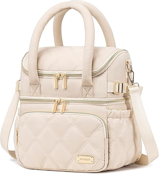 Weitars Lunch Bag for Women Men,Double Deck Lunch Box for Women,Quilted Lunch Tote for Work,Insulated Lunch Cooler Leakproof Lunchbox for Adult with Shoulder Strap &Pockets for Picnic Hiking (Beige)