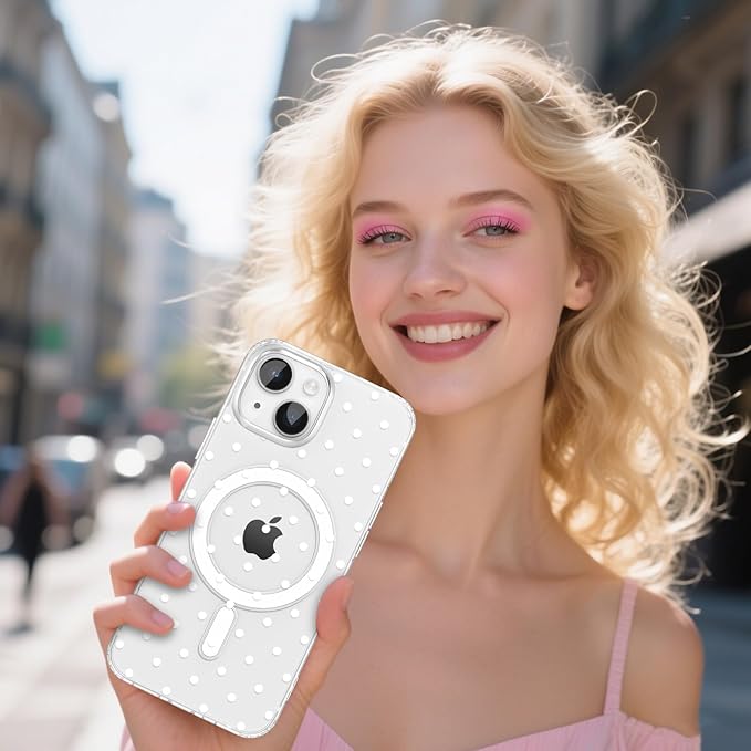 ZTOFERA Magnetic for iPhone 15 Case,Cute Polka Dot Phone Case Aesthetic Striped Clear Trendy Slim Soft Shockproof Protective Phone Cover for Women Girls, White Dot