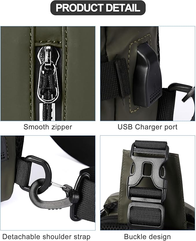 Small Sling Crossbody Backpack Shoulder Bag for Men, Lightweight One Strap Backpack Sling BacK pack for Hiking Walking Biking Travel Cycling USB Charger Port-Nylon (Olive Green)