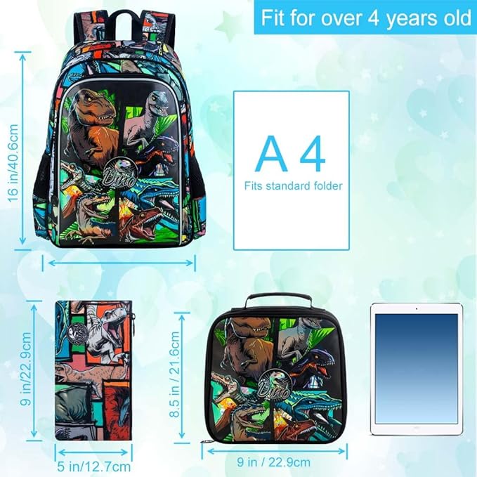 CCJPX 3PCS Dinosaur Backpack for Boys, 16 Inch Water Resistant Preschool Bookbags, Cool Kindergarten School Backpacks and Lunch Box