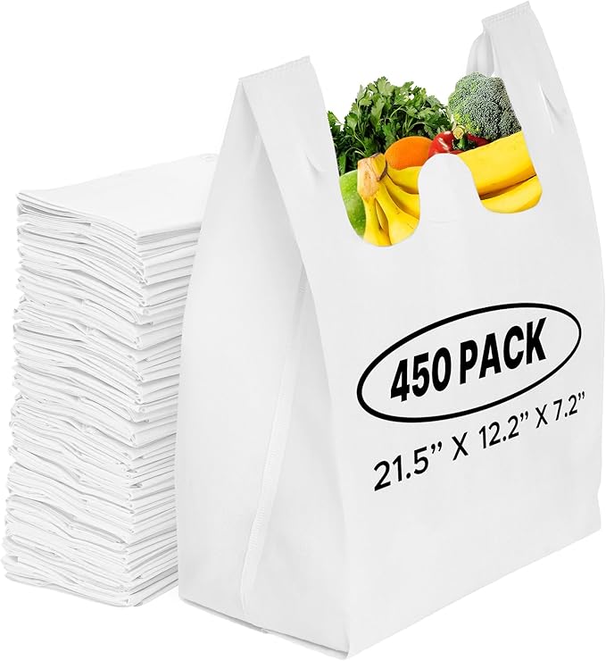 Simply Cool 450 Pack Reusable Eco-Friendly Grocery T-Shirt Shopping Bags 21.5"x12.2"x7.2" Durable, Recyclable Washable Foldable Portable Shopping Tote Bags Bulk