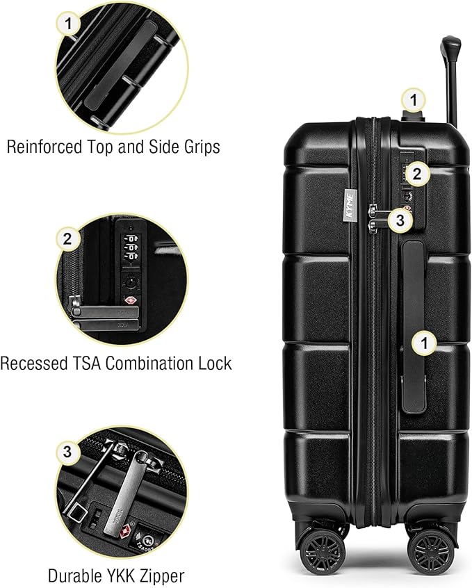 KYME Luggage Sets 3 Piece Hard Shell 22in/26in/30in Suitcases with Wheels Hardside Suitcase Set with TSA Lock Travel Rolling Luggage Set for Women Men Black