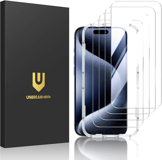 UNBREAKcable 4-Pack Screen Protector for iPhone 15 Pro Max | Double Shatterproof | 9H Hardness | 99.99% HD Clear | Easy Installation Frame | Case Friendly | For 6.7 inch iPhone