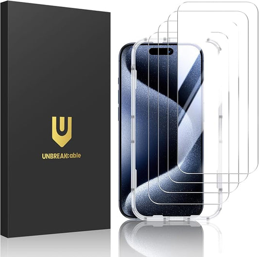 UNBREAKcable 4-Pack Screen Protector for iPhone 15 Pro Max | Double Shatterproof | 9H Hardness | 99.99% HD Clear | Easy Installation Frame | Case Friendly | For 6.7 inch iPhone