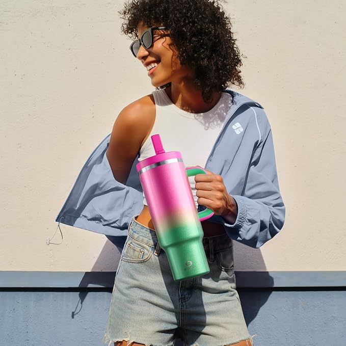 40 oz Tumbler with Handle and Straw: Stainless Steel Insulated Tumbler Keeps Cold for 24 Hours, Leakproof Travel Cup Fits in Cup Holder and BPA-Free, Fuchsia
