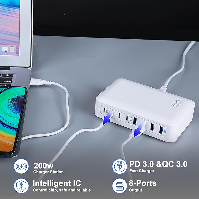 GaN 200W 8-Port USB Fast Charging Station | PD 65W Laptop & Multi-Device Adapter | Compatible with MacBook Pro/Air, iPhone 16/15/14, Galaxy S23/22 (White)