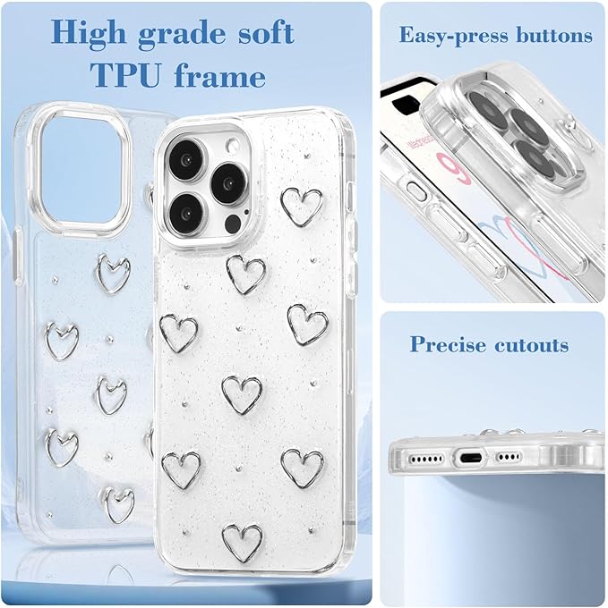 EYZUTAK Case for iPhone 13 Pro Max, Bling Glitter 3D Hearts Phone Case Cute Sparkly Crystal Clear Heart Aesthetic Design Case Slim Soft Durable TPU Transparent Protective Cover for Women Girls - Heart