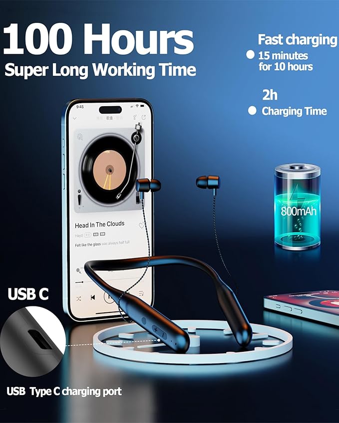 ZXQ Neckband Bluetooth Headphones,100 Hours Long Playtime Wireless Earphone, Around The Neck Wireless Earbuds,Waterproof Sweatproof for Sport Over Neck Magnetic Ear Buds Headset(Black)