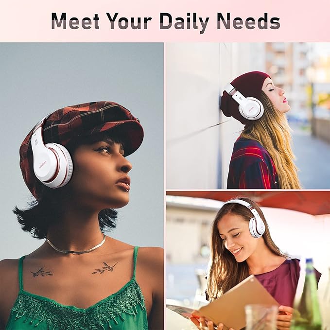 Bluetooth Headphones Over Ear, 6S Foldable Wireless Headphones with 6 EQ Modes, 40 Hours Playtime HiFi Stereo Headset with Mic, Soft Ear Pads, TF/FM for Cellphone/PC/Home (White & Rose Gold)