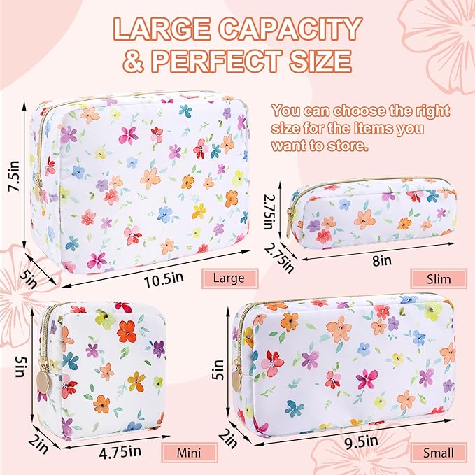 Waterproof Small Floral Makeup Bag Pouch for Purse,Nylon Flower Cosmetic Bag Preppy Travel Toiletry Storage Bag for Women Girl,Cute Makeup Organizer Bag Pouch with Zipper(Small Colorful-Flowers)