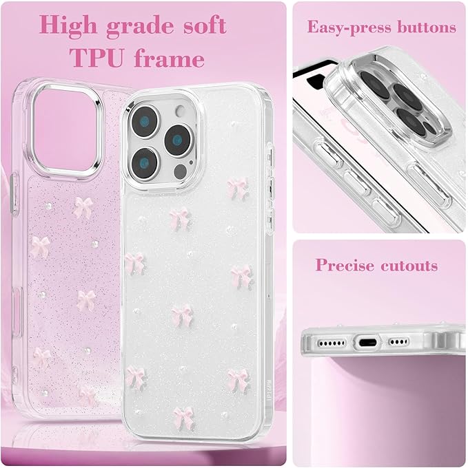 EYZUTAK Case for iPhone 16 Pro, Bling Glitter 3D Bowknot Phone Case Cute Sparkly Crystal Clear Bow Aesthetic Design Case Slim Soft Durable TPU Transparent Protective Cover for Women Girl - Pink Bow