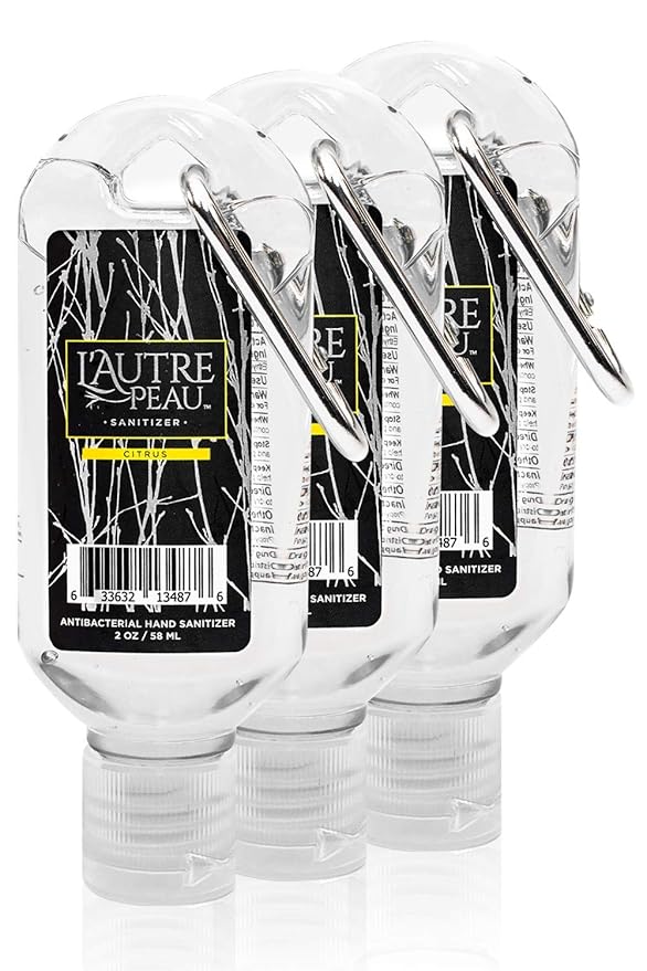 Travel Hand Sanitizer Gel with Aloe Vera & Vitamin E Made by L’AUTRE PEAU - Citrus Scented Alcohol Based Liquid Instant Hand Cleaner Pocket Sanitizer with Carabiner Clip (2oz 3 Pack)