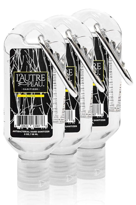 Travel Hand Sanitizer Gel with Aloe Vera & Vitamin E Made by L’AUTRE PEAU - Citrus Scented Alcohol Based Liquid Instant Hand Cleaner Pocket Sanitizer with Carabiner Clip (2oz 3 Pack)
