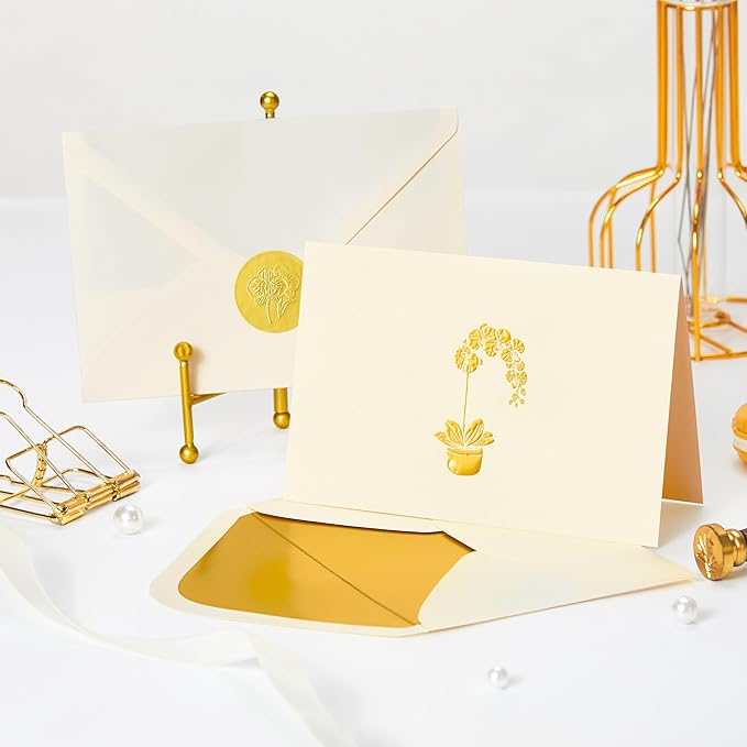 Crisky 50 Pack Blank Cards and Envelopes 4x6, Embossed Gold Foil Orchid Blank Greeting Cards Bulk for Wedding, Bridal Shower, Baby Shower, Birthday Party Decoration Favors