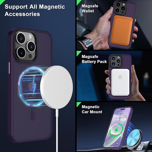 MOCCA Strong Magnetic for iPhone 15 Pro Max Case, [Compatible with Magsafe][13FT Military Drop Protection] Slim Translucent Matte Shockproof Case for iPhone 15 ProMax Case 6.7'', Deep Purple