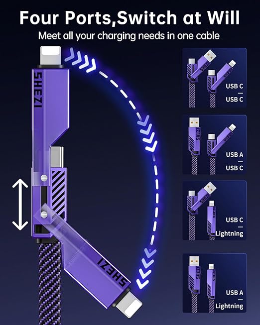 SHEZI [Upgraded 2.0 4-in-1 USB C Cable 60W 5FT Fast Charging [480Mbps Data Transfer] Flat Nylon Braided Charger Cord Combo, USB A/C to C/L Multi Charge Cable for iPhone/iPad & Most Devices, Purple