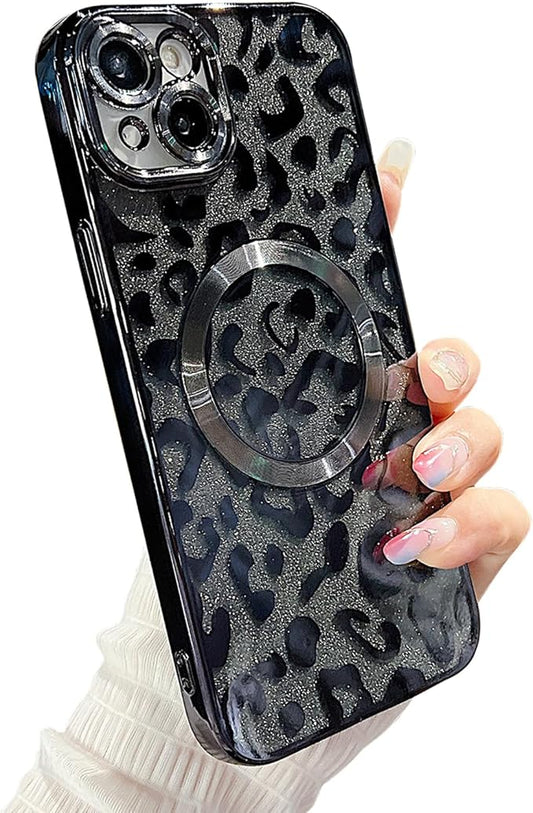 for iPhone 15 Plus Case Magnetic,Soft Cute Luxury Leopard Cheetah Pattern Plating Glitter Bling Phone Case Compatible with MagSafe Clear Shockproof Back Cover for Women Girl 6.7"-Black