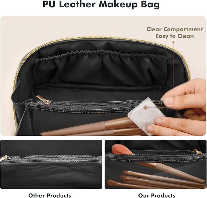 Prite Makeup Bag for Women Travel Waterproof Vegan Leather Cosmetic Bag Open Flat Toiletry Bag With Clear Divider and Handle (Plaid Black)