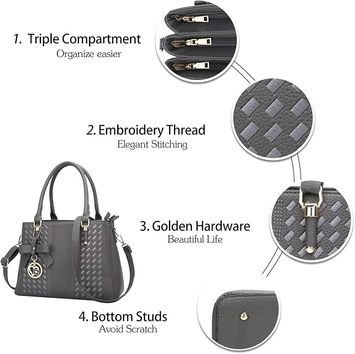 KKXIU Women Satchel Bags Handle Shoulder Handbags and Purses Pockets Zipper Leather Crossbody Bags