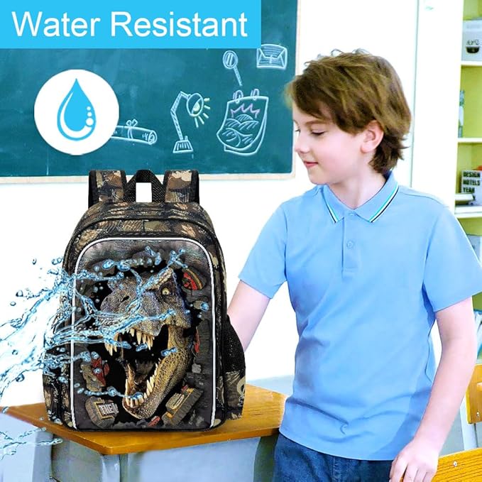 16" Boys Backpack, Dinosaur Kids Bookbag with Lunch Box, 3Pcs Dino School Backpacks for Elementary Preschool Kindergarten (Black)