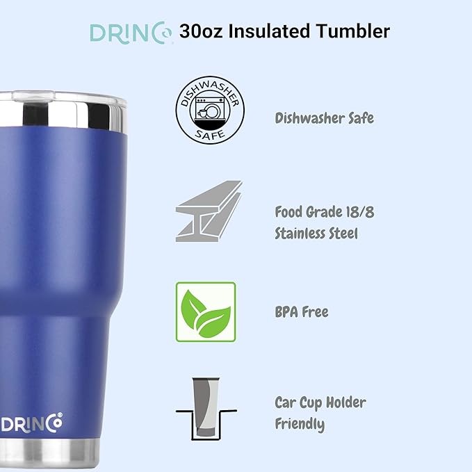Drinco - 30 oz Stainless Steel Tumbler | Double Walled Vacuum Insulated Mug With Lid, 2 Straws, For Hot & Cold Drinks (30oz Royal Blue, 30oz)