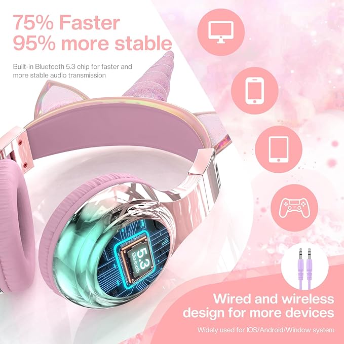 QearFun Kids Unicorn Bluetooth Headphones, 60H Playtime, 74/85/94dB Safe Volume Limit, Metallic Gradient Wireless Headset with Mic, Fast Charging, Foldable, Wired Mode for Girls School/Tablet/Travel