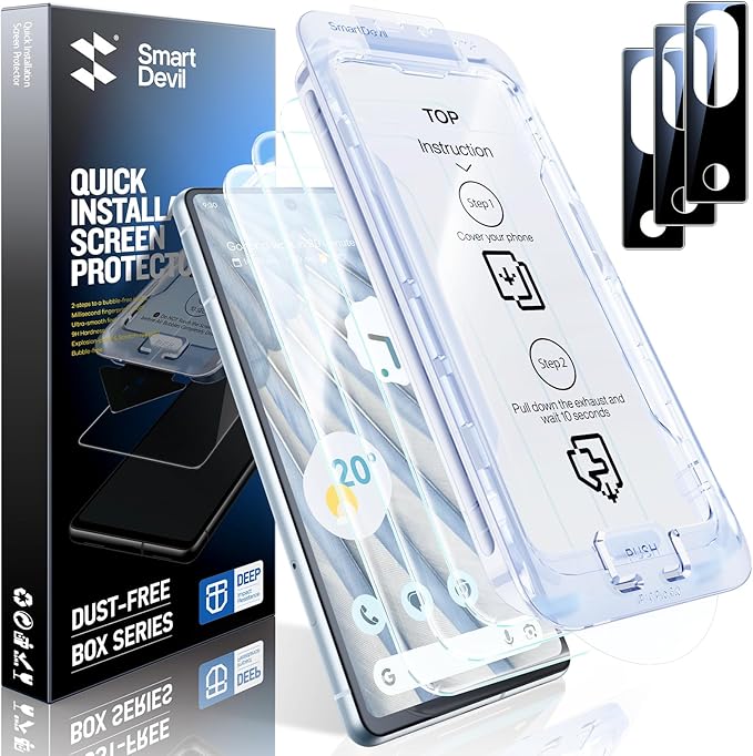 SMARTDEVIL [3+3 Pack for Google Pixel 7 Screen Protector with Camera Lens Protector, Finger Print Reader Compatible, Fast & Easy Installation, Clear 9H Tempered Glass Film, Alignment Frame