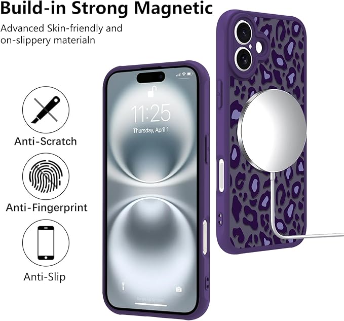 KANGHAR Case for iPhone 16 Purple Leopard Printed Pattern Cute Cheetah [Compatible with Magsafe] Protective Magnetic Case for Girls Women 6.1"