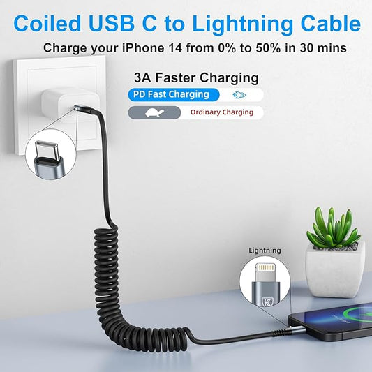 KIYODA USB Type C to Lightning Cable 3FT 2Pack, Coiled iPhone Charger Fast Charging for Car Short USBC Lightning iPhone Cord for iPhone14/13/12/11 Pro Max/iPad/CarPlay