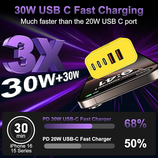 USB C Fast Wall Charger Block, 2Pack 60W USBC Charging Cubes, 5-Port PD+QC Power Adapter Multiport Brick Type C Box Plug for Phone 16/15/14/13/12/11/Pro Max/Plus, Pad Mini/Pro/S25/S24-Yellow