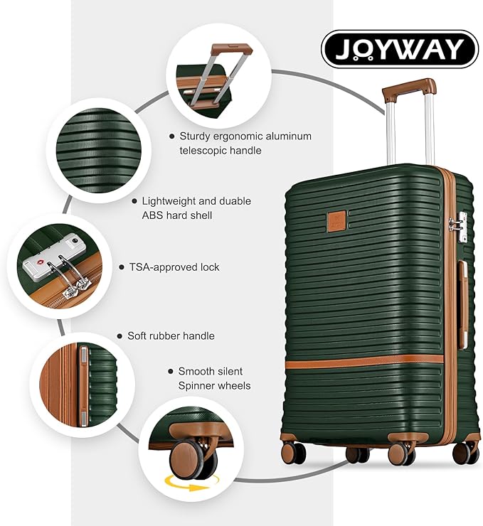Joyway Luggage Set 3 Piece Suitcase Sets with Spinner Wheel,Lightweight Hardside Expandable Travel Laggage with TSA Lock (20/24/28 Green brown NEW, TR008