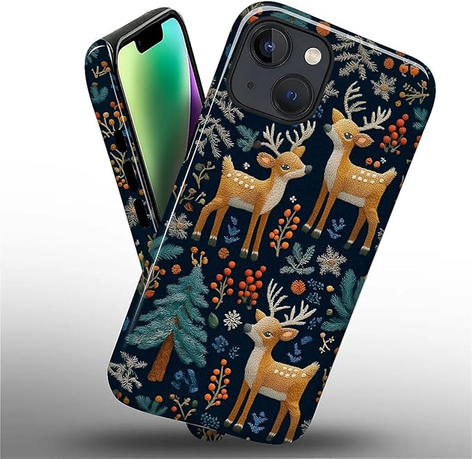 Case for iPhone 13 iPhone 14 Case,Cute Christmas Reindeer Design - Hybrid Dual Protection Silicone + Hard PC Shockproof Full Body Cover Slim Anti-Scratch Protective Case for Men Women