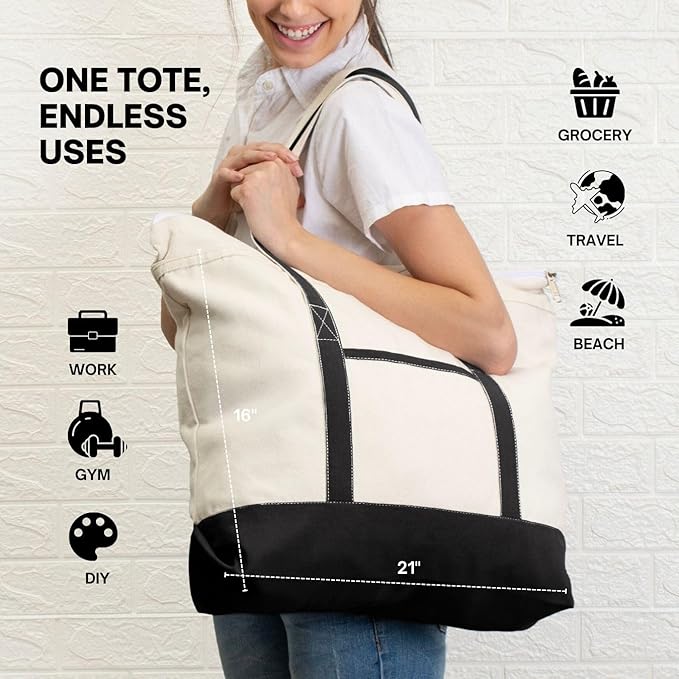 Cotton Canvas Tote Bag with an External Pocket & Top-Zipper Closure For - Gym, Beach, DIY, Work, Travel, Shopping