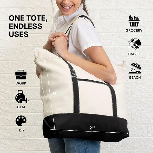 Cotton Canvas Tote Bag with an External Pocket & Top-Zipper Closure For - Gym, Beach, DIY, Work, Travel, Shopping
