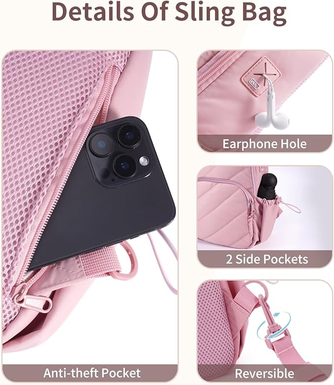 Wandering Nature Sling Bag for Women Lightweight Quilted Crossbody Bag Fits for 11" Tablet with Breathable Back Panel Anti Theft Pocket Padded Strap USB Charge Port, Ideal for Travel, Daily Use