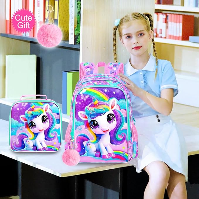 3Pcs Unicorn Backpack for Girls, 16" School Backpacks Set for Elementary Preschool Kindergarten, Kids Bookbag with Lunch Box(Pink)
