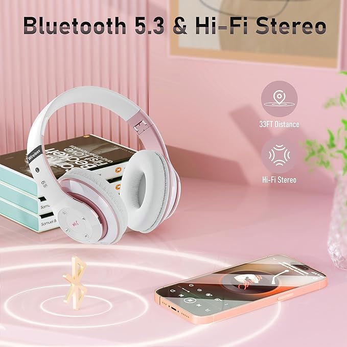 Bluetooth Headphones Over Ear, 6S Foldable Wireless Headphones with 6 EQ Modes, 40 Hours Playtime HiFi Stereo Headset with Mic, Soft Ear Pads, TF/FM for Cellphone/PC/Home (White & Rose Gold)
