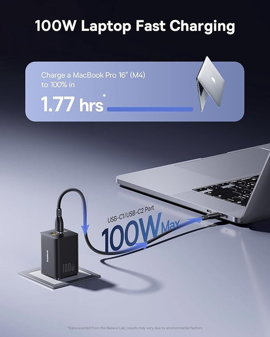 Baseus 100W USB C Charger Block, 3-Port Foldable Compact PPS Wall Charger, Fast Charging Power Adapter for MacBook Pro/Air, iPad, iPhone 17 Pro Max/Air, Galaxy S24, Steam Deck & More