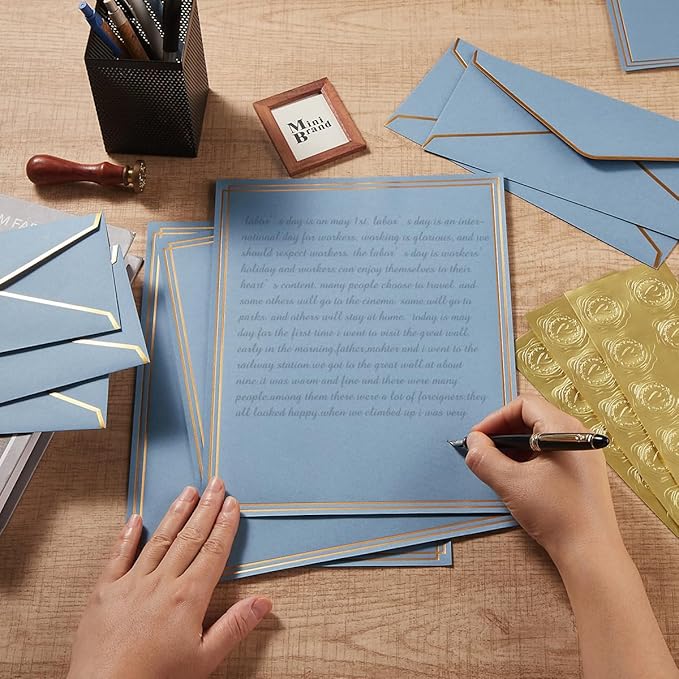 50 Pack Stationery Set with Gold Border, #10 Business Envelopes and 8.5x11 Paper Sheets and Stickers for Writing Letters (Dusty-Blue, 8.5x11 Inches)