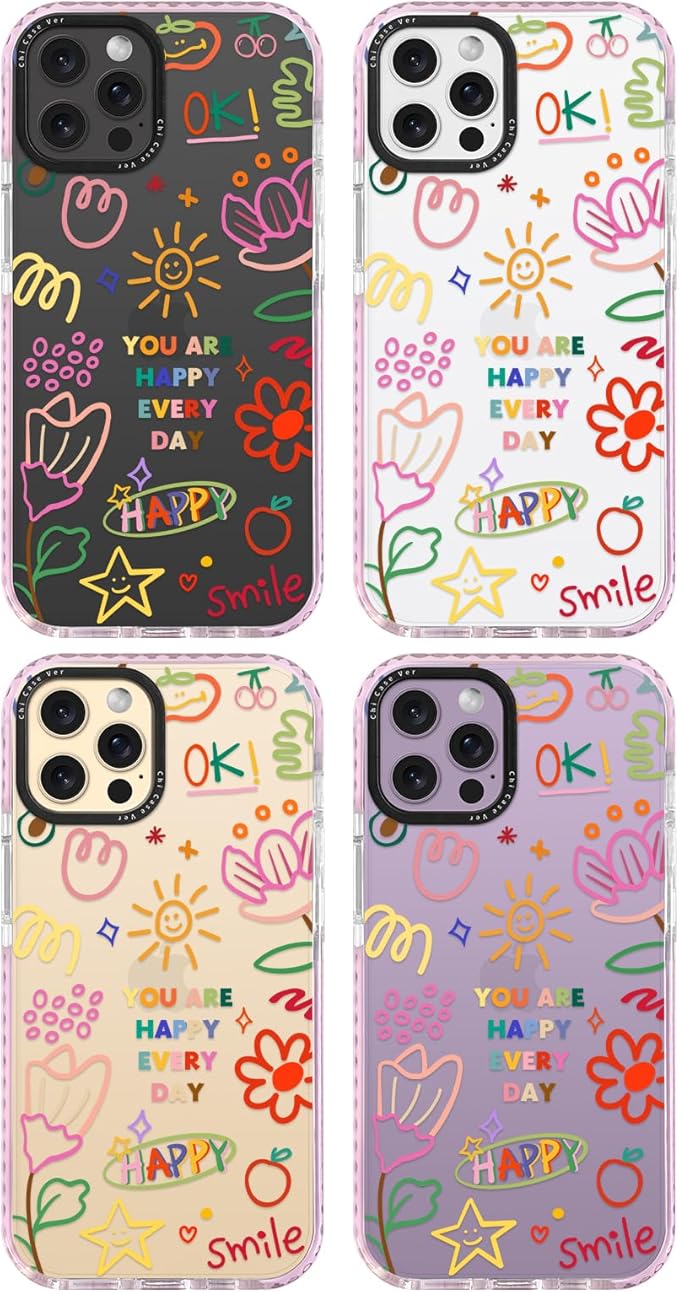 for iPhone 14 Pro Max Case, Doodle Happy Collage Pattern, Military-Grade Drop Protection, Cute Soft Slim TPU Protective Cover with Camera Lens Protection for Women & Girls