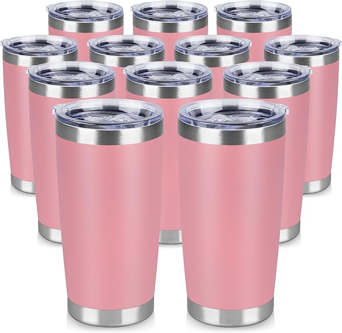 20 oz Tumbler Stainless Steel Tumblers Bulk with Lid Double Wall Insulated Coffee Tumbler Cups for Hot & Cold Drinks Powder Coated Travel Coffee Tumbler Mug Metal (Rose Pink, 12 pack)