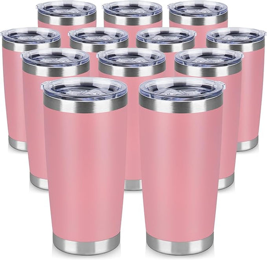 20 oz Tumbler Stainless Steel Tumblers Bulk with Lid Double Wall Insulated Coffee Tumbler Cups for Hot & Cold Drinks Powder Coated Travel Coffee Tumbler Mug Metal (Rose Pink, 12 pack)